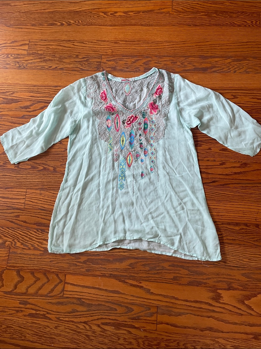 Johnny Was Mint Embroidered V-Neck Tunic with Pink Accents